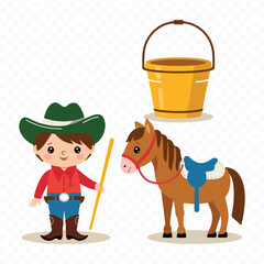 Naklejka premium Set of Wild West Elements: Cowboy Equipment, Rodeo Silhouettes, and Lasso-Throwing American Cowboys on Horseback