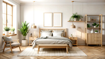 Fototapeta premium room with natural wooden furniture, Scandinavian style, 3d render, white Mock up