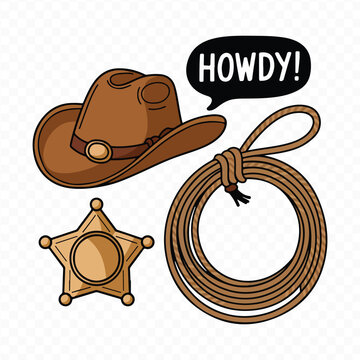 Set of Wild West Elements: Cowboy Equipment, Rodeo Silhouettes, and Lasso-Throwing American Cowboys on Horseback