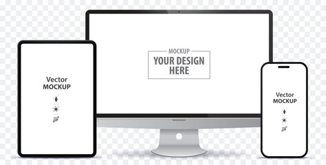 Tablet PC, Desktop Computer Monitor and Mobile Phone Screen Mockup. Digital devices template vector illustration with transparent background.