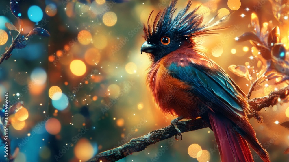 Poster Colorful Bird Perched on a Branch with Bokeh Background