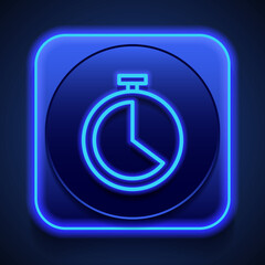 Stopwatch, clock simple icon. Flat design. Blue neon style on button. With shadow