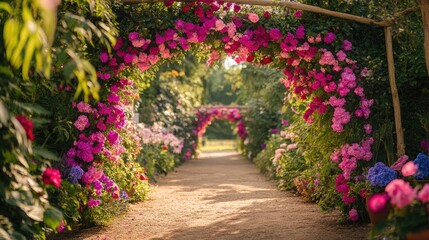 Fototapeta premium Vibrant Flower Archways in Serene Garden Pathway