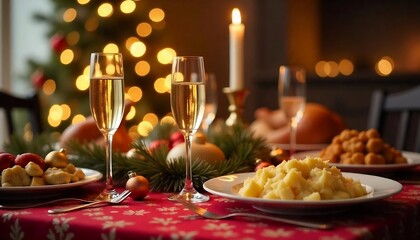 Christmas. Festive table. A glass of champagne. Feast. Food and drinks. Buffet on dinner table blurs background concept of Christmas, Food buffet for the holidays, Festive, created with generative ai