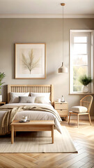 Fototapeta premium room with natural wooden furniture, Scandinavian style, 3d render, white Mock up