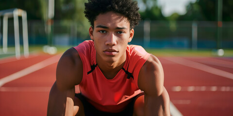 Focused Young Athlete Preparing for a Sprint on a Track Field