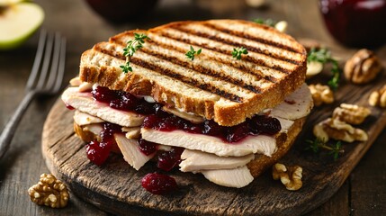 Panini with turkey, cranberry sauce, and brie, isolated on a rustic background with walnuts and apple slices