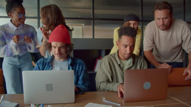Men programmers compete online writing code with colleagues