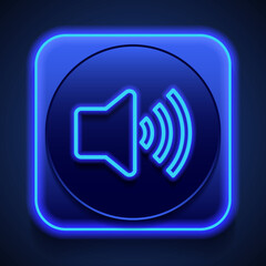 Sound simple icon vector. Flat design. Blue neon style on button. With shadow