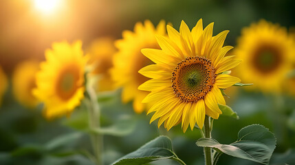 Fototapeta premium Close-up of a Sunflower with Yellow Petals and Green Leaves