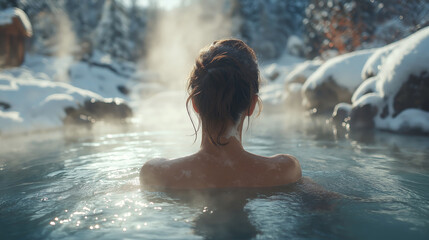 Girl taking a bath in a hot spring against the backdrop of a winter forest