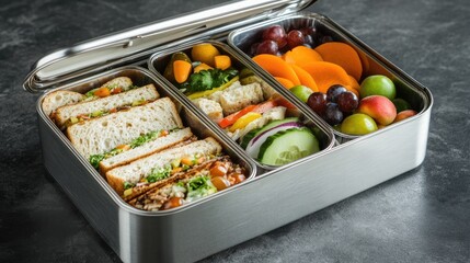 Healthy Lunch Box with Fresh Fruits and Sandwiches