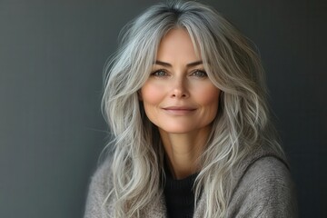 Naklejka premium elegant middleaged woman with confident smile and stylish silver hair posed against neutral grey backdrop natural beauty and selfassurance radiate in timeless studio portrait