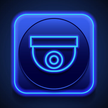 Security cam simple icon. Flat design. Blue neon style on button. With shadow