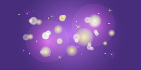 Background bokeh in purple and yellow tones. Holiday design, invitations, advertising. Luminous circles and stars. Vector graphics 