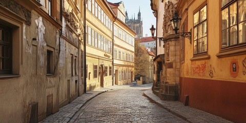 A charming cobblestone street lined with historic buildings. The warm sunlight casts inviting shadows. Perfect for travel photography or exploring European architecture. AI