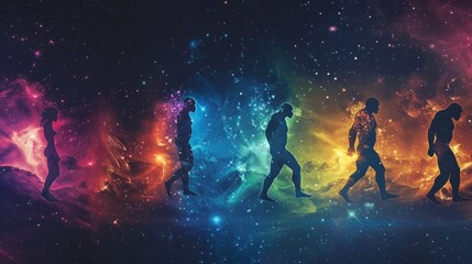 Obraz premium A sequence of five human silhouettes from ape to modern man, each stage bathed in different colored lighting, against a backdrop of cosmic stars and nebulae, inspired by the gradient and transition