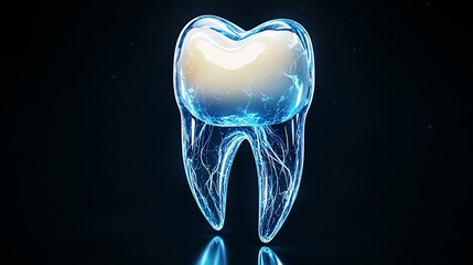 tooth, shiny, the crown of the tooth is white, and the root is blue-blue, without a background, technological premium style, 