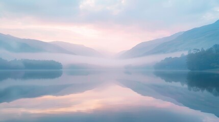 Fototapeta premium A serene and picturesque landscape photograph capturing the perfect start to a day, with the first light of dawn painting a tranquil lakeside scene in soft pastel hues, reflected perfectly