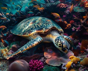Fototapeta premium sea turtle resting on the ocean floor, surrounded by vibrant coral reefs and schools of colorful fish, peaceful colors and soft lighting capturing the harmony of marine life