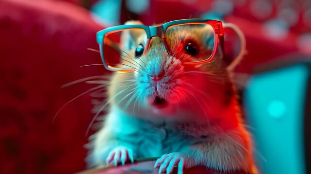 A hamster wearing glasses is looking at the camera. The image has a playful and lighthearted mood, as the hamster is dressed up in a funny outfit