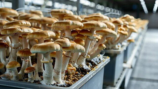 Rows of mushrooms grow in a controlled environment