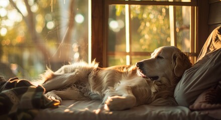 golden retriever lying beside its owner on a sunlit porch, their bond palpable as they share a peaceful moment of companionship, the soft hues and gentle textures of fur and sunlight 