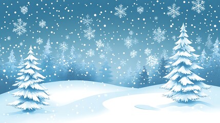 Fototapeta premium A snowy winter landscape with two snow-covered pine trees in the foreground and a forest of trees in the background. Snowflakes fall from a blue sky.