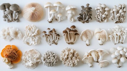 Fototapeta premium A close-up of different mushroom varieties, arranged neatly on a clean white surface. Realistic and highly detailed with copy space for text.