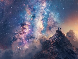 Fototapeta premium A serene digital painting depicting an astronomer perched atop a remote mountain peak, their telescope pointed towards a canopy of shimmering stars and distant galaxies against the backdrop