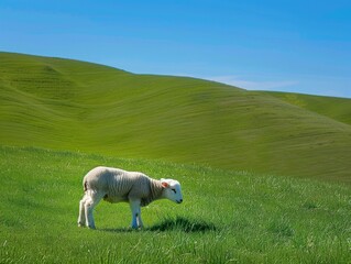 Obraz premium young lamb grazing in a lush, green pasture under a clear blue sky. The lamb's white wool contrasts with the vibrant grass, and the background features rolling hills and a few scattered trees