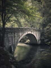 Fototapeta premium centuries-old stone bridge being resealed and reinforced, with workers carefully tending to the restoration. The juxtaposition of the ancient structure against the modern restoration equipment creates