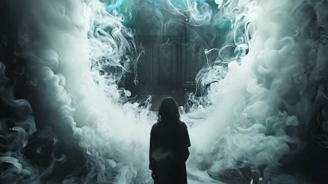 A woman is standing in front of a large smoke filled circle. The smoke is thick and dark, creating a mysterious and eerie atmosphere. The woman is looking into the circle