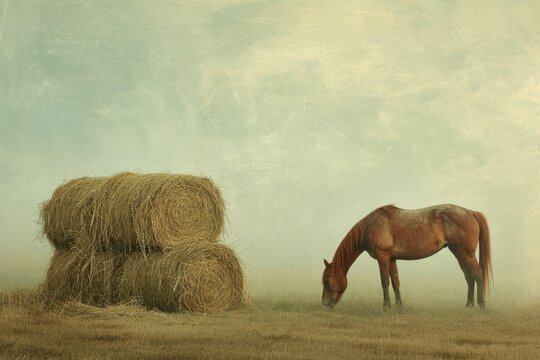 A serene pastoral image of a horse peacefully grazing beside a stack of freshly harvested hay bales. The soft, muted colors and composition convey a sense of tranquility