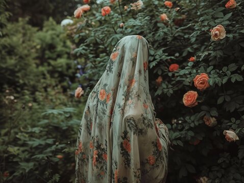 woman wrapping their hair with a floral scarf while surrounded by a lush garden. The soft colors and natural elements pay homage to the romanticism of Pre-Raphaelite paintings, creating a harmonious 