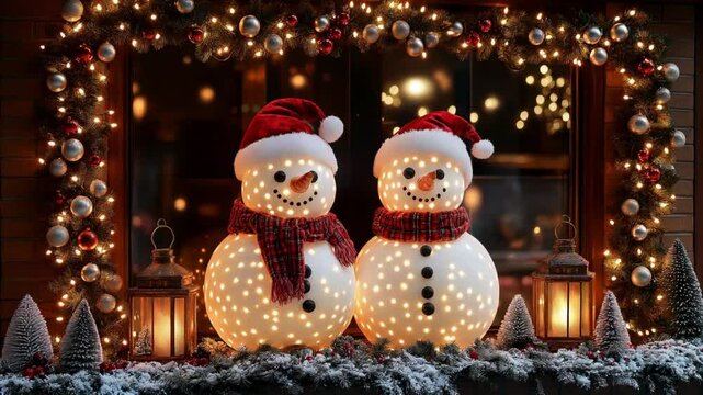 A decorative border of Christmas lights with two snowman and lanterns decorations, hd high quality.