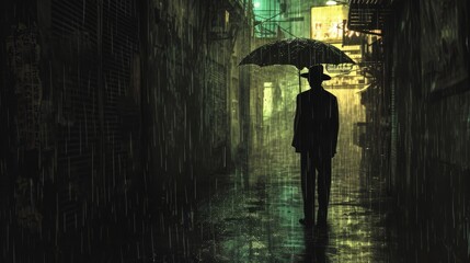 A shadowy silhouette lurks in the dimly lit alleyways of a rain-soaked city, embodying the essence of a classic detective novel cover