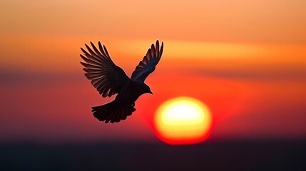 Fototapeta premium A silhouette of a bird in flight against a vibrant sunset, symbolizing the freedom and independence associated with the act of flapping wings