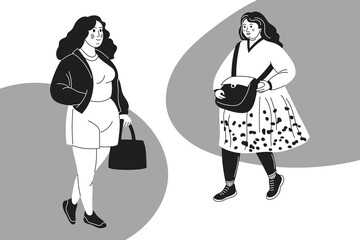 Two fat two women who met while shopping or walking. Body positive plus size cheerful female. Cartoon character. Grayscale vector illustration.