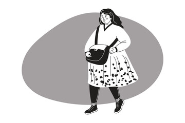 Fat woman with shopping crossbody bag. Body positive plus size cheerful female. Cartoon Character. Grayscale vector illustration.