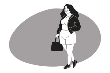Two fat two women who met while shopping or walking. Body positive plus size cheerful female. Cartoon character. Grayscale vector illustration.
