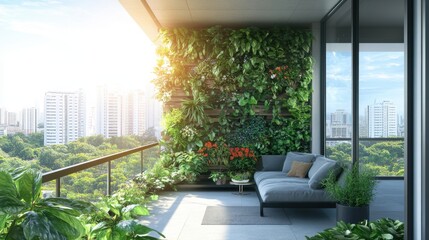 Obraz premium A lush vertical hanging garden on a modern city apartment veranda, filled with vibrant green plants and herbs. Detailed and realistic.