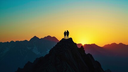 Fototapeta premium A silhouette of two friends standing on a mountaintop, arms linked, against the backdrop of a radiant sunset. The image signifies the unbreakable bond forged through shared adventures and the beauty