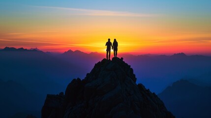 A silhouette of two friends standing on a mountaintop, arms linked, against the backdrop of a radiant sunset. The image signifies the unbreakable bond forged through shared adventures and the beauty