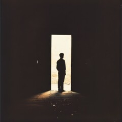 Obraz premium A silhouette photograph of a person standing in a doorway, the bright light outside symbolizing a welcoming community. The composition portrays the individual's journey towards finding a place