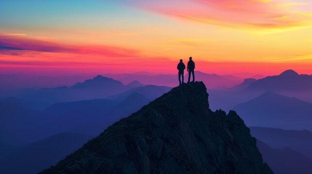 A silhouette of two friends standing on a mountaintop, arms linked, against the backdrop of a radiant sunset. The image signifies the unbreakable bond forged through shared adventures and the beauty