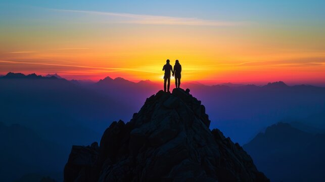A silhouette of two friends standing on a mountaintop, arms linked, against the backdrop of a radiant sunset. The image signifies the unbreakable bond forged through shared adventures and the beauty