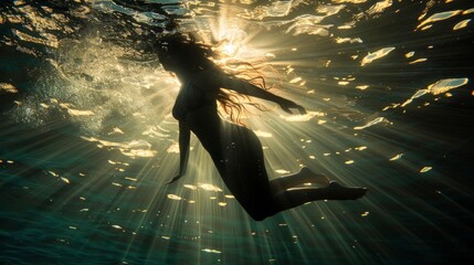A sensual image depicts a woman swimming just below the water's surface, her body silhouetted against the shimmering sunlight above. The interplay of light and shadow accentuates her form,