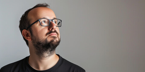 Obraz premium Thoughtful Man with Glasses Looking Upwards Against a Neutral Background