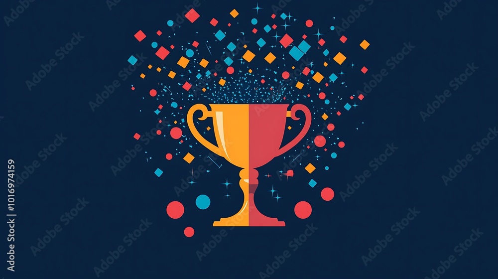 Poster a gold and red trophy with confetti exploding out of it against a dark blue background.